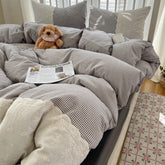 Sophia Gingham Lace Washed Cotton Bedding Set - Gray